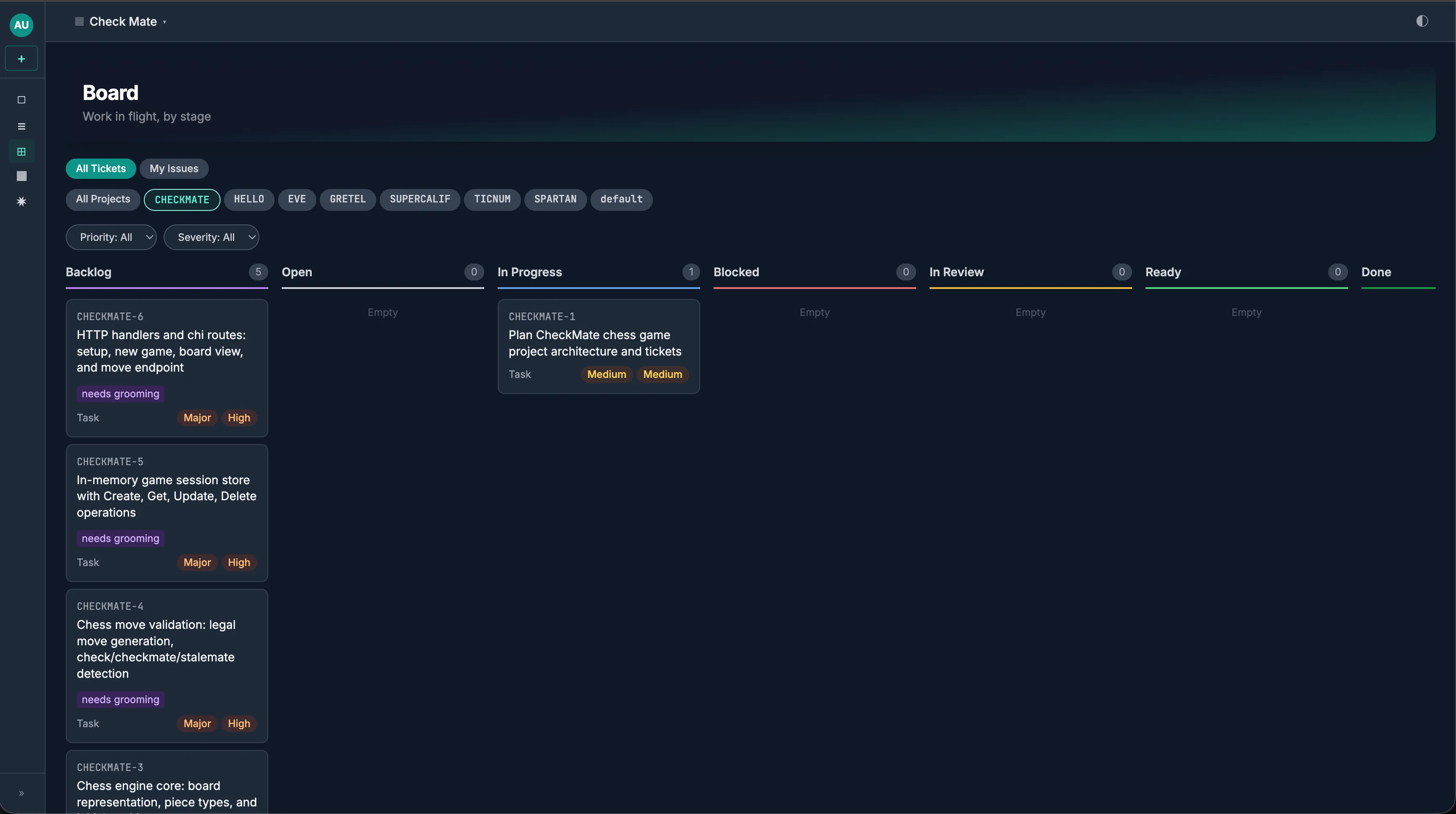 Kanban board for the CHECKMATE project showing an auto-generated backlog (engine core, move validation, session store, HTTP handlers) with CHECKMATE-1 in progress.