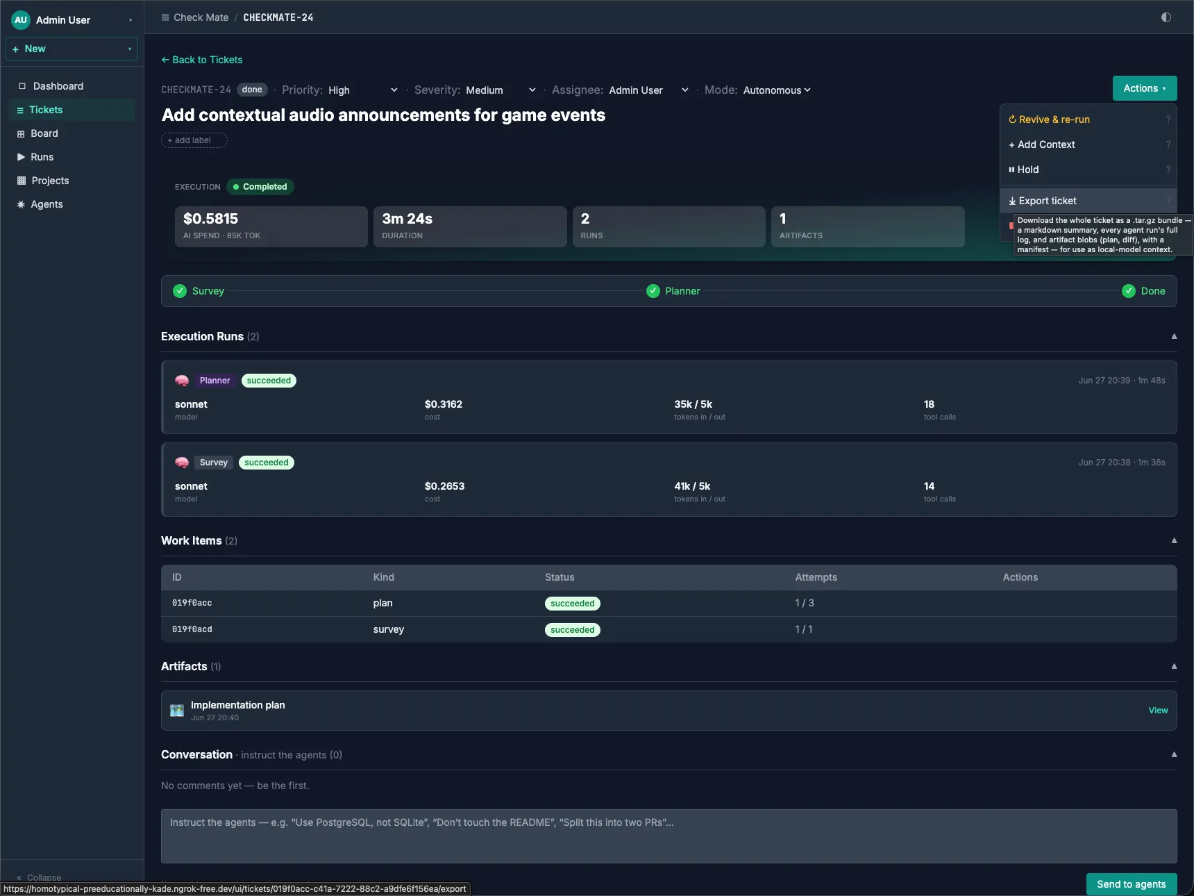 Ticinuum ticket detail for CHECKMATE-24 “Add contextual audio announcements for game events”: priority high, severity medium, mode autonomous, completed for $0.5815 in 3m 24s across 2 runs, with a Survey → Planner → Done lifecycle and an Implementation plan artifact.